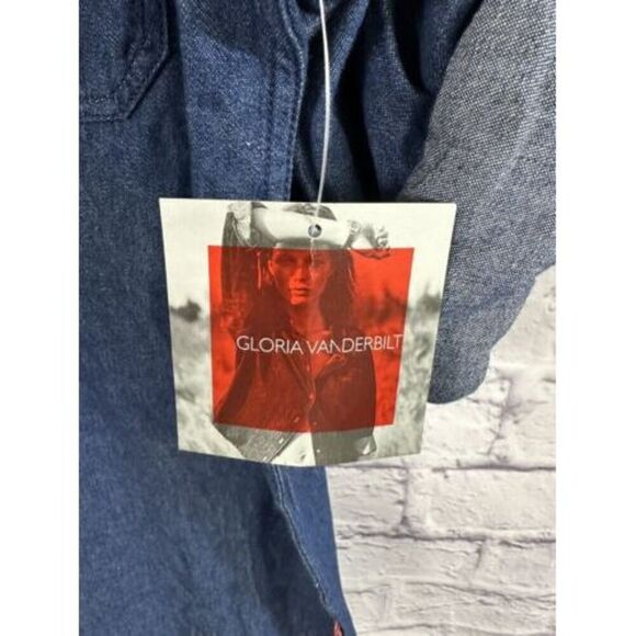 Gloria Vanderbilt Dark Blue Denim Button Front Blouse Size L&M Long Sleeve Shirt - Picture 3 of 16